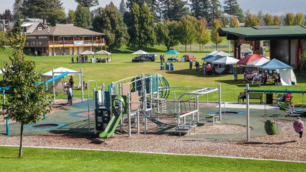 Event tents and playground at LeBourdais Park